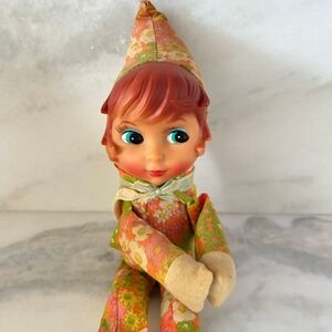 Vintage 1960s Pixie Elf Doll Floral Psychedelic Print Vinyl Face Shelf Sitter